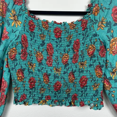 Rock & Roll Denim Large Long Balloon Sleeve Crop Top Teal Floral Smocked Boho