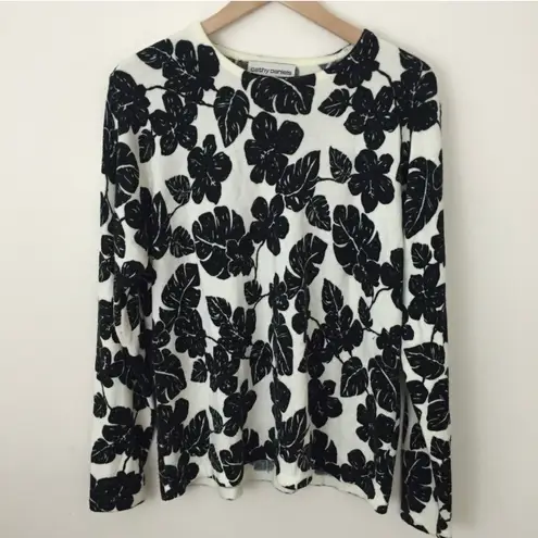 Cathy Daniels Black White Wool Hibiscus Floral Palm Leaves Sweater