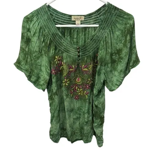 One World Green Tie Dye Embroidered Peasant Blouse Top Size L