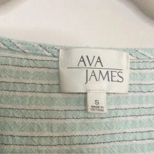 Ava James Mint and Grey Striped Cap Sleeve Babydoll Blouse Top Career Office Blue