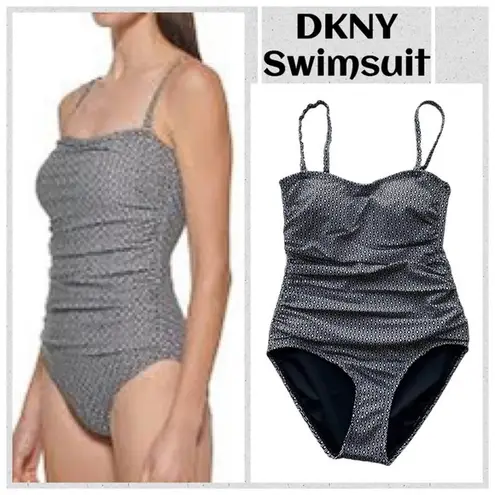 DKNY  Swimsuit One Piece Black White Geo Small Bandeau UPF SPF Stretch Straps