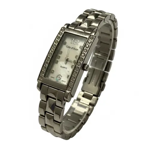 Cote d'Azur Silver Tone Rhinestone Bezel Quartz Japan Movt Women's Tank Watch