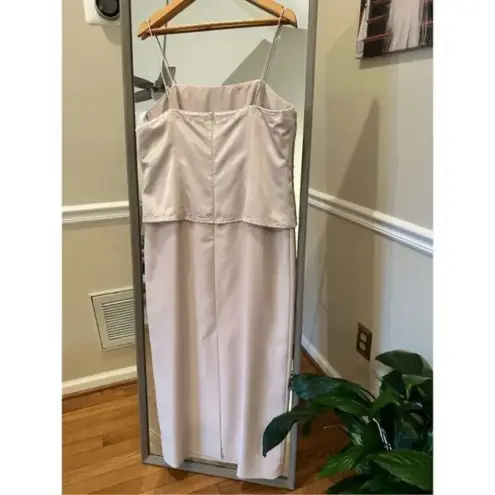 Elegant Champagne Satin Midi Dress with Beaded Trim – Formal Size 16