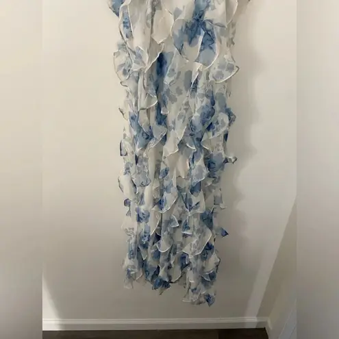 BHLDN NWOT Anthropologie Jia Printed Bias-Cut Ruffled V-Neck Gown Maxi Blue Sz 2