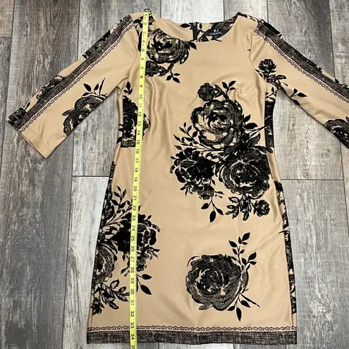 Chadwick's Chadwick’s 3/4 Sleeve Tan and Black Floral Dress With Raised Floral Print Size 4