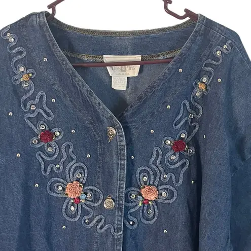 Miss & Mrs One Size Vintage 90s Denim Floral Western Button Up Denim Shirt Blue