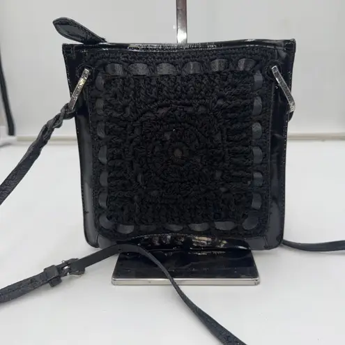 Brighton  Black Patent Leather Crochet Square Crossbody Bag Handcrafted LA