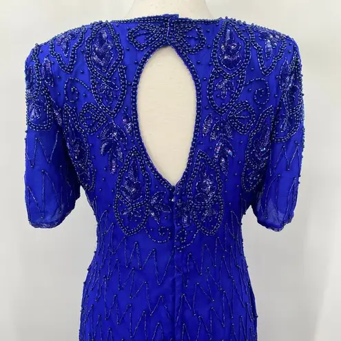 Vintage Beaded Silk Mini Dress Keyhole Back V Neck Shoulder Pads Blue Womens L Size L