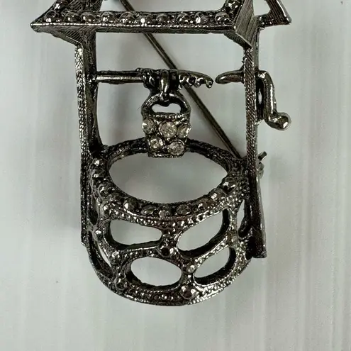 Vintage Rhinestone Silver Tone Wishing Well Brooch Pin