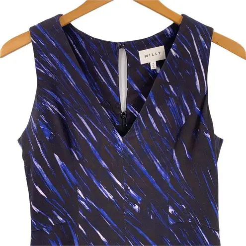Milly Blue and Black Brushstroke Sleeveless V-Neck Sheath Dress Size 6