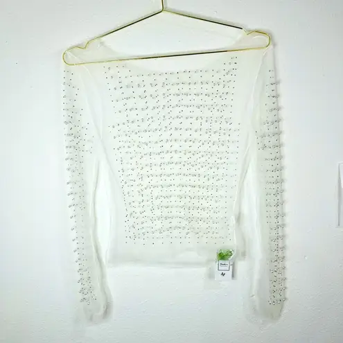 Sheer Mesh Rhinestone Crop Top Medium Party Clubwear Glam Look White