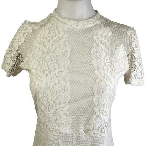 Glamorous White Lace Mock Neck Short Sleeve Sheer Mini A-Line Dress Size M