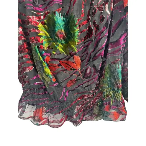 NYgard Sheer Velvet Burnout On/Off Shoulder Bishop Sleeve Tropical Floral Top XL Purple