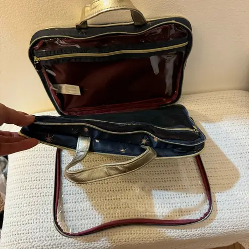 Dark Blue Travel/Cosmetic Bag with Gold Star Print, Gold Handles & Trim Gray