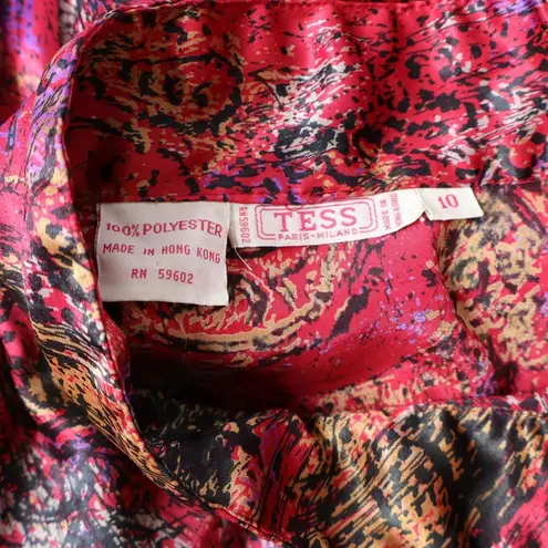 VTG 80s Tess Paris Red Satin Blouse Abstract Disco Secretary Retro Statement 10