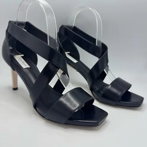 Max Mara Strappy Leather Heeled Square Toe Sandals Black Ivory Size 39