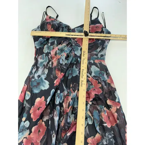 Harlyn Dress Womens Small Blue Red Dark Floral High Low Satin V Neck