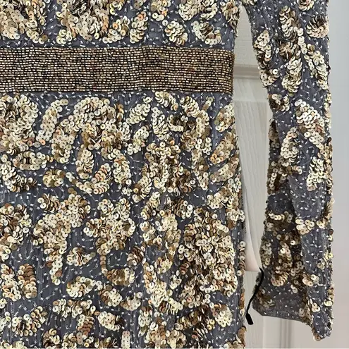 Mac Duggal 4316D Long Sleeve Beaded Formal Black Tie Evening Gown Platinum Gold