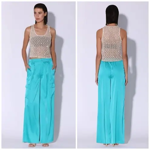 Walter Baker Denver Pant Turquoise Blue Wide Leg High Rise Satin SZ S NWT $198