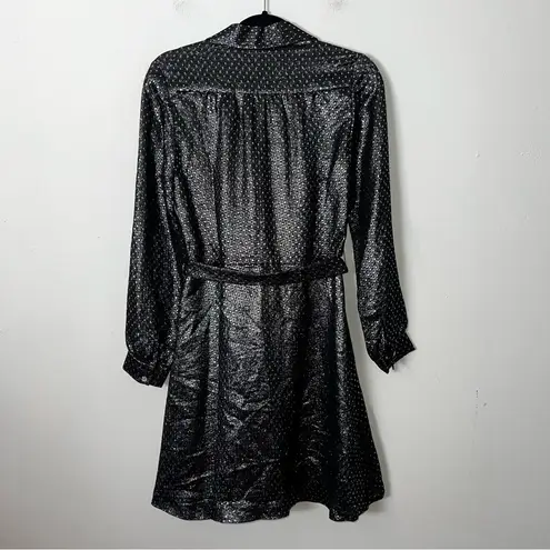 NEW Vanessa Seward Silk Gunmetal Silver Metallic Robe Cherry Belted Dress Small