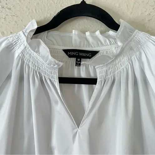Ming Wang Ruffle Neck Short Sleeve Blouse in White Size Medium