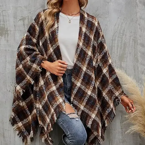 Womens Black Multi Buffalo Plaid Fringed Poncho Wrap OSFM Size undefined