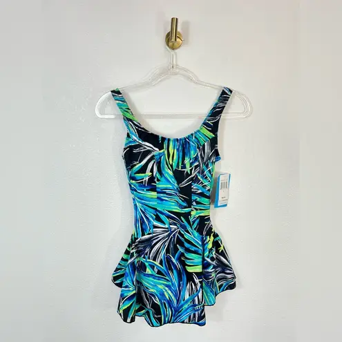 Azul NWT Blue and Green One Piece Flutter Skirt Swimsuit Tropical Print Size 8