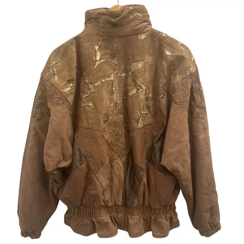 VTG 80s LNR Tan Brown Metallic Patchwork Leather Bomber Jacket Boho Retro Small