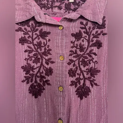 Soft Surroundings Peralta Plum Embroidered Metallic Tinsel Button Down Blouse M