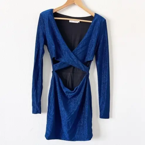 Meshki Blue Glitter Long Sleeve Cut Out Bodycon Mini Dress