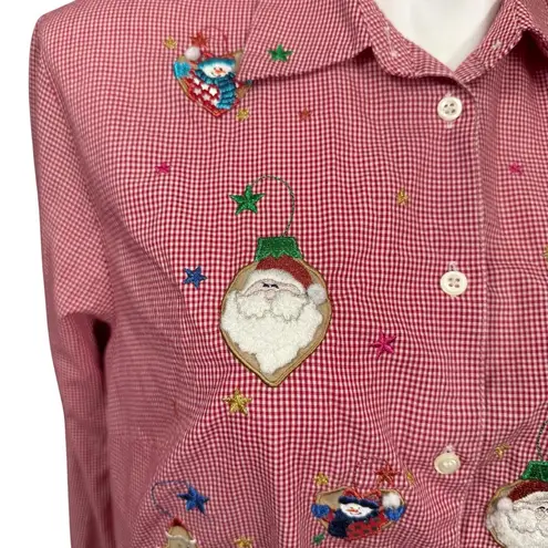 Karen Scott II Red Gingham Christmas Embroidered Button Down Shirt Size 1X - Image 4