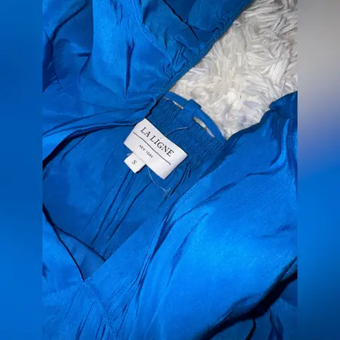 L'Agence NEW La Ligne Ruffle Shoulder Open Back Linen Blend Midi Dress Ultramarine blue