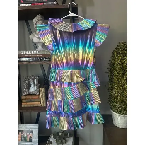 Celia B Acke Metalic Pleated Mini Dress Multi Womens Size Large Blue