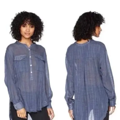 Free People  Talk To Me Popover Gauze Tunic Shirt Blouse XS sheer blue Boho