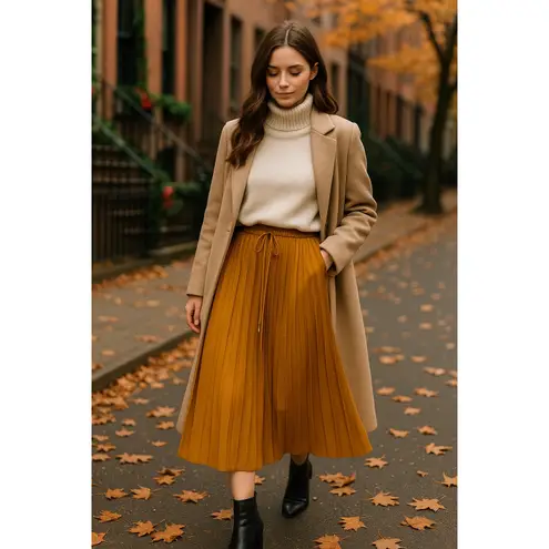 Pleated Midi Skirt Women M Elastic Waist Minimalist Fall Outfit Boho Style Golde Size undefined