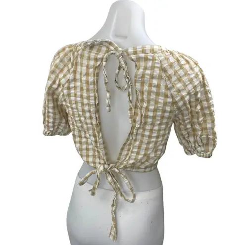 BP. Beige White Gingham Check Short Puff Sleeve Open Back Cropped Blouse Top XS