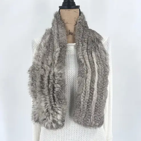 Rex Rabbit Fur Scarf Gray Knit Real Fur Neck Warmer Wrap Soft Plush Winter
