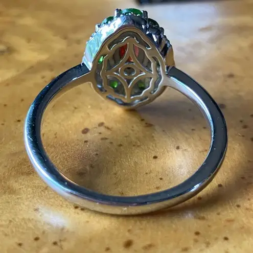 Natural Red Garnet Chrome Diopside Sterling Silver Halo Ring Size 10 Green