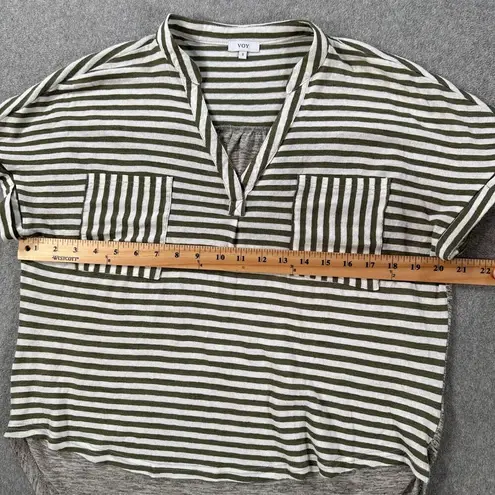 Voy HIgh Low Stripe Top Women's Small Green Short Sleeve Mixed Media Pockets