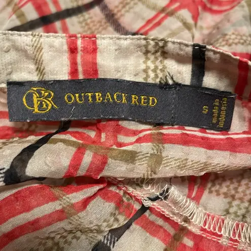 Outback Red Sheer Plaid Balloon Sleeve Ruffled Tunic Top Red Cream Size Small