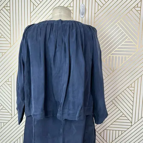 Apiece Apart Dress Cape Sleeve Layered Sheath Tasseled Cupro Navy Blue Size 6