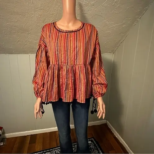 Amaryllis Metallic Stripe Pom Pom Boho Peasant Blouse Size Small