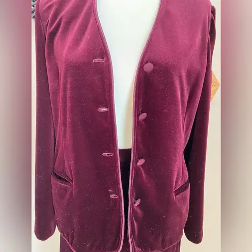 Vintage Act III Burgundy Velour Two Piece Skirt Suit Set, Size 14 Red