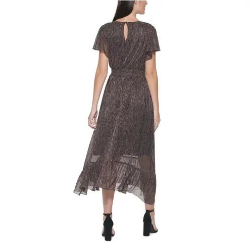 Kensie  Black and Bronze Metallic Smocked Midi Dress