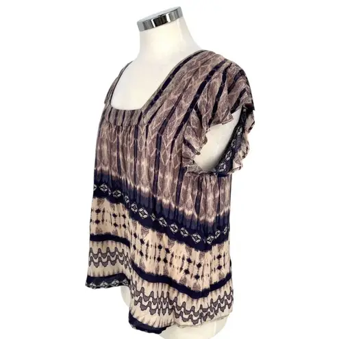 Braeve Boho Style Rayon Top Ruffle Sleeves Square Neck Purple Beige Size Medium