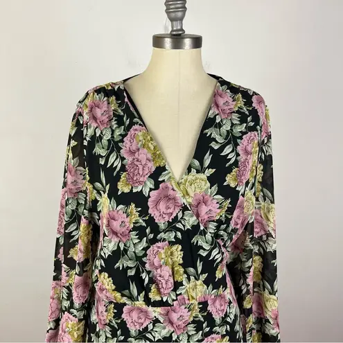 Showpo Jaspha Sheer Detail Ruffle Skirt V Neck Mini Dress In Black Floral Pink Size 16