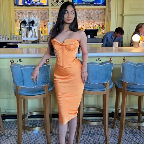 House Of CB  'Myrna' Tangerine Satin Corset‎ Midi Dress NWOT Size S