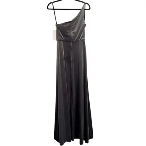After Six NWT One Shoulder Spaghetti Strap Velvet Maxi Gown Dress 14 Caviar Gray