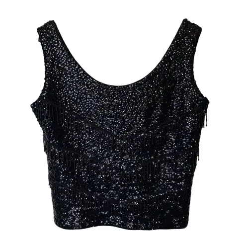Vintage Hand Full Fashioned Sleeveless Beaded Sequin Top Black Size M