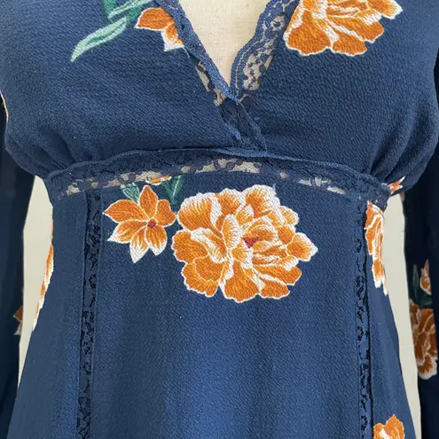 onetheland Floral Mini Dress Small Long Sleeve Navy Orange Lace Trim VNeck Boho Bloomcore